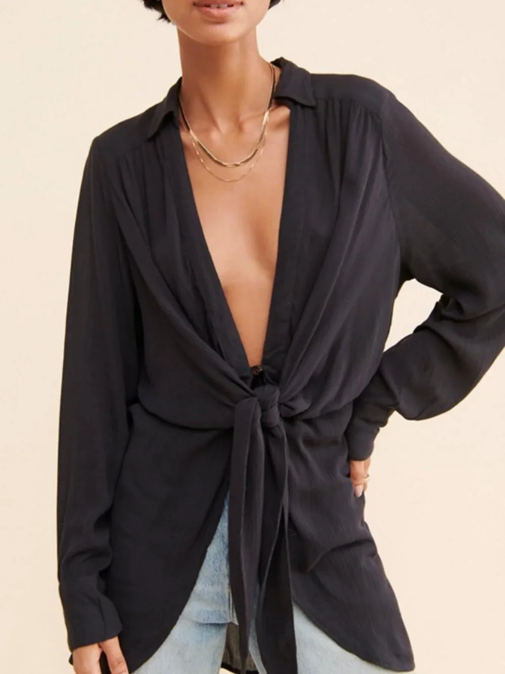 Free People Worlds Apart Tunic Long Sleeve Shirt Tie Lightweight Black NWT Large